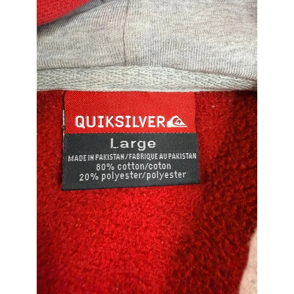 Quiksilver Mens Large Red Graphic Hoodie Cotton Fleece Pullover Skate Sweatshirt